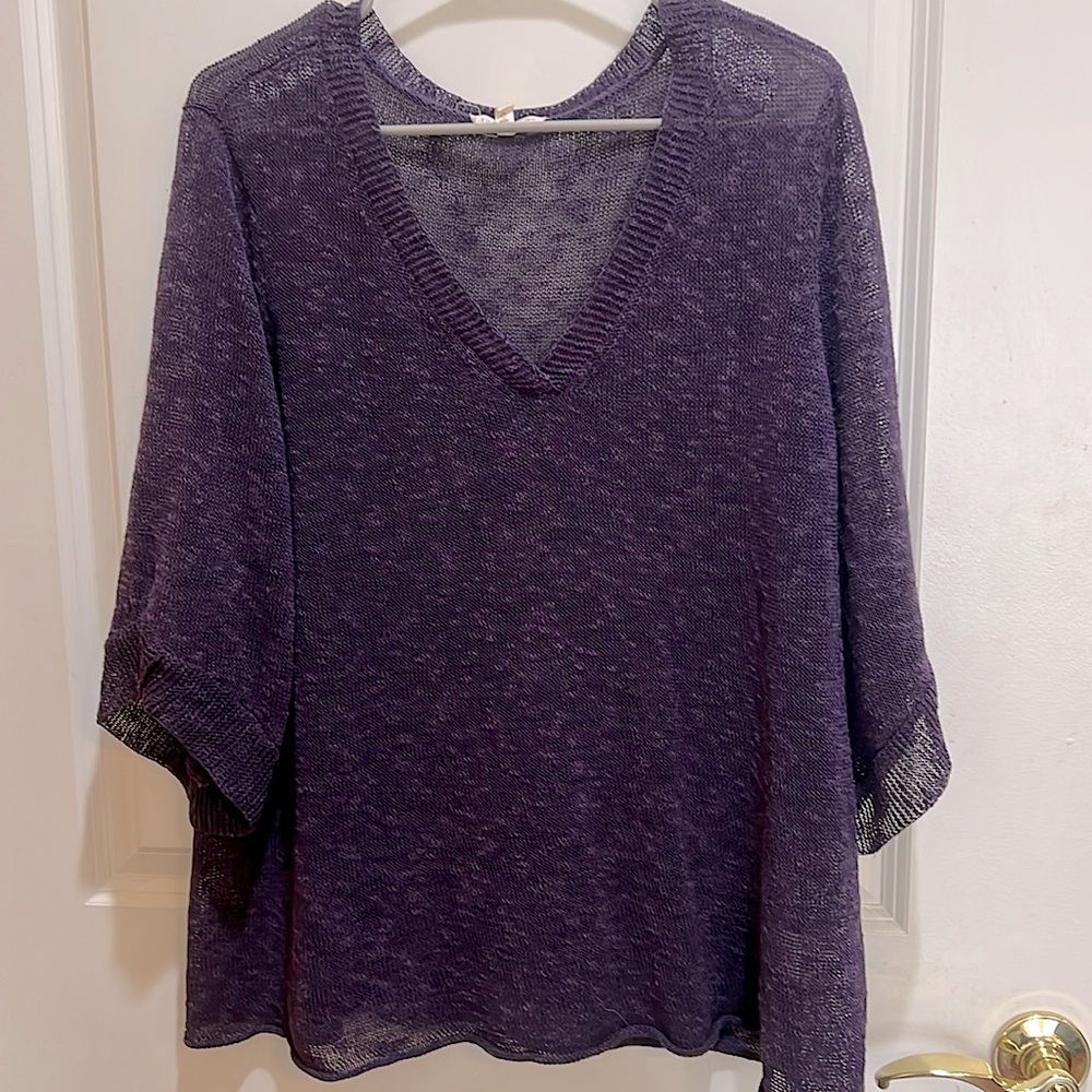 Eileen Fisher dark purple open fine knit half sleeve sweater XL
